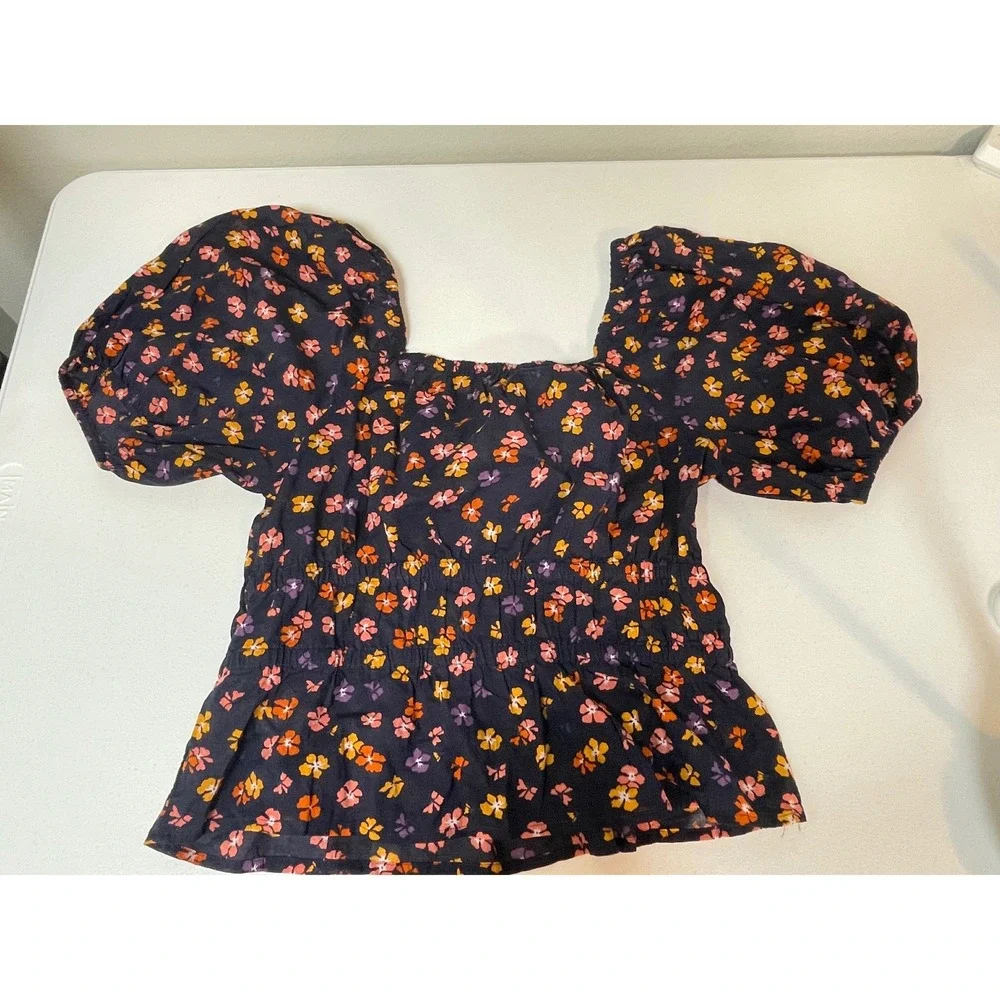 Madewell Peplum Top Women's Small Floral Puff Sleeve Smocked Square Neck S